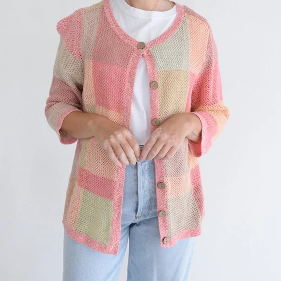 Vintage Christopher & Banks Pink Tan Fishnet Knit Button Up Cardigan Sweater 1X - Picture 2 of 10